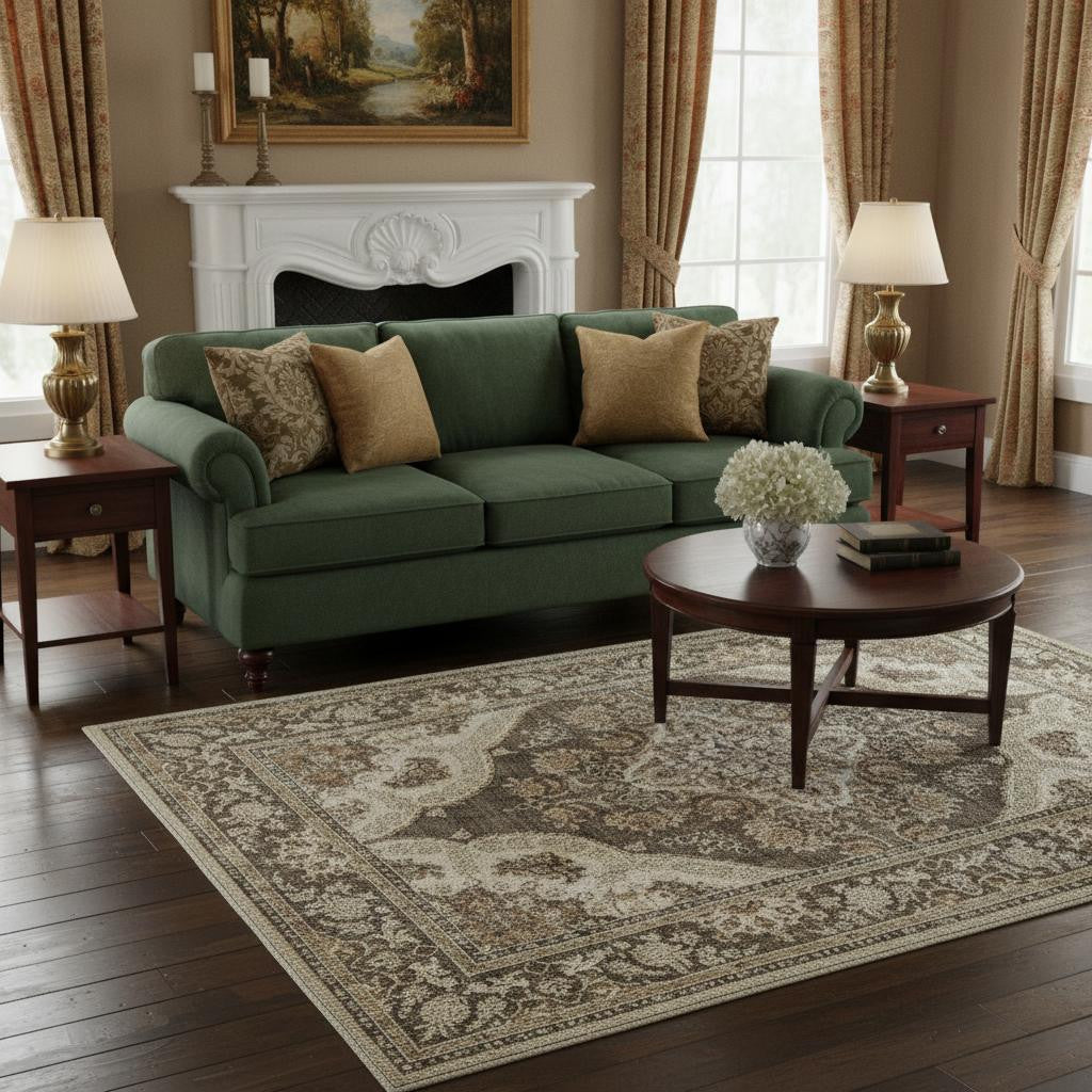 5 X 7 Brown Beige And Ivory Medallion Washable Area Rug