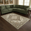 8 X 10 Brown Beige And Ivory Medallion Washable Area Rug