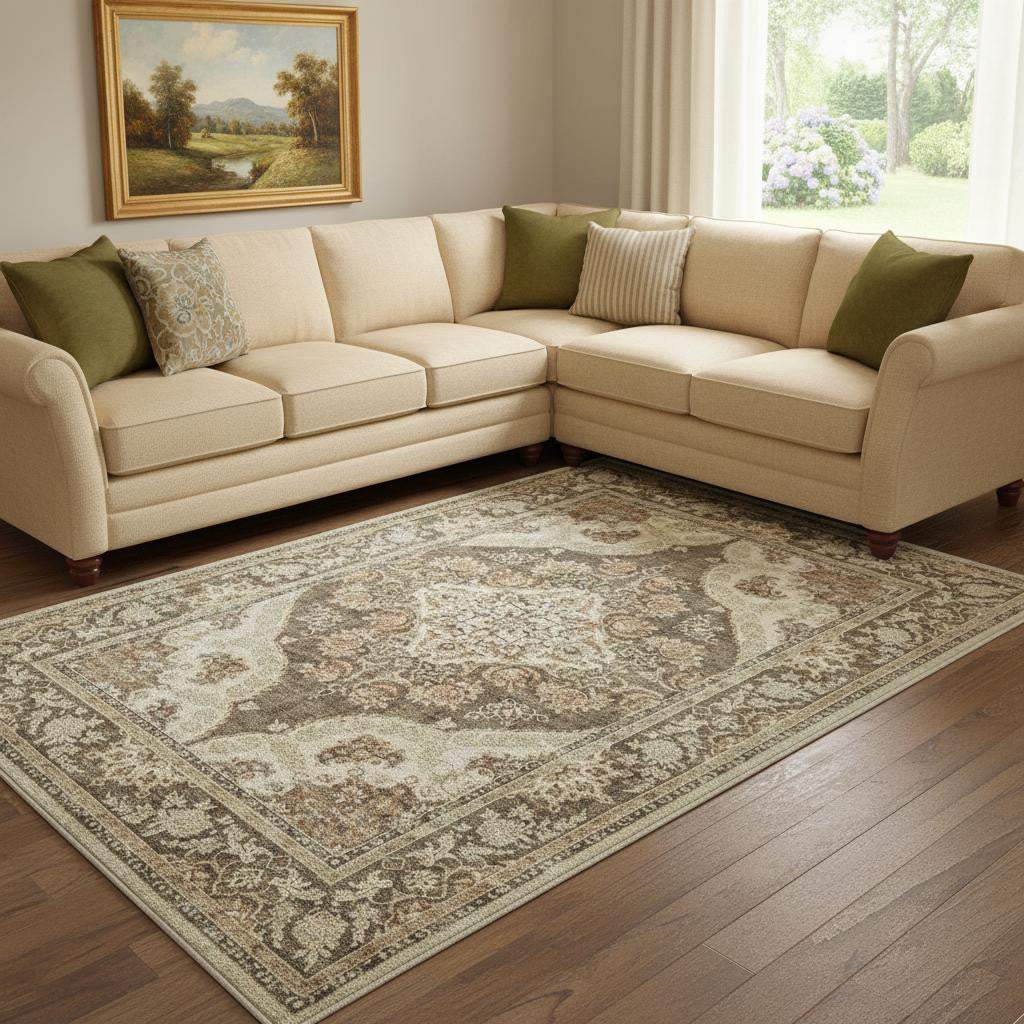 9 X 12 Brown Beige And Ivory Medallion Washable Area Rug