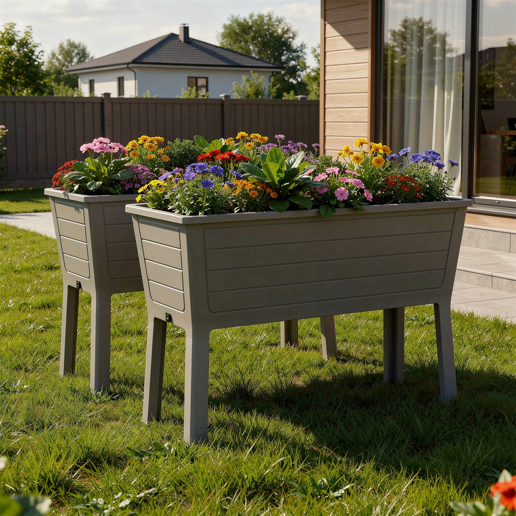 Set of Two 20 X 44 Light Brown Resin Rectangular Raised Garden Bed
