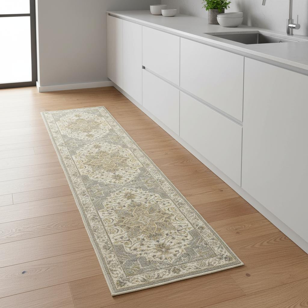 8 Ivory And Brown Oriental Washable Runner Rug