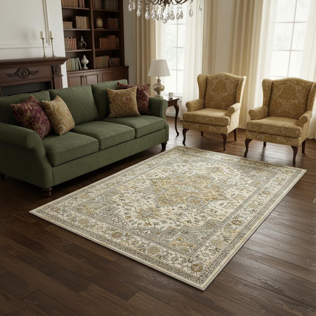 5 X 7 Ivory And Brown Oriental Washable Area Rug