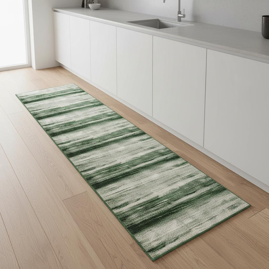 8 Green And Ivory Abstract Washable Runner Rug