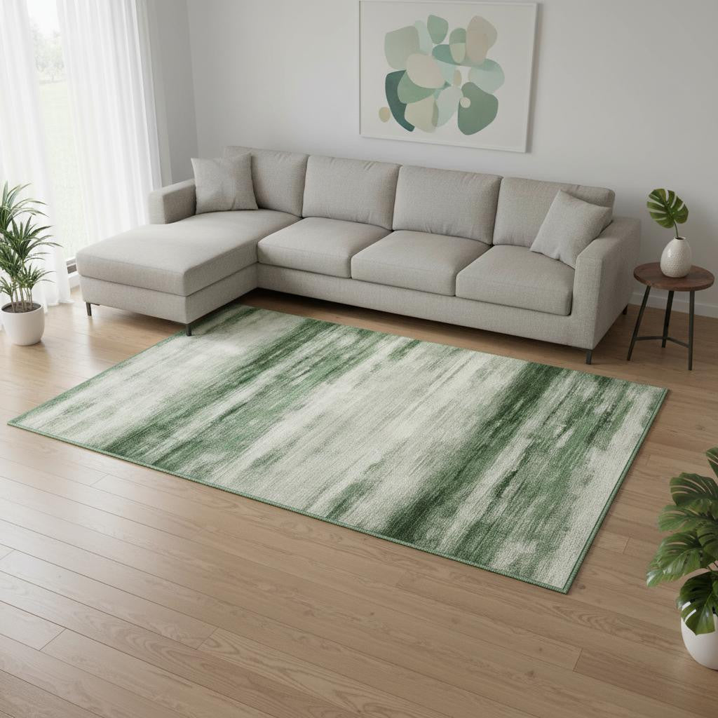 8 X 10 Green And Ivory Abstract Washable Area Rug