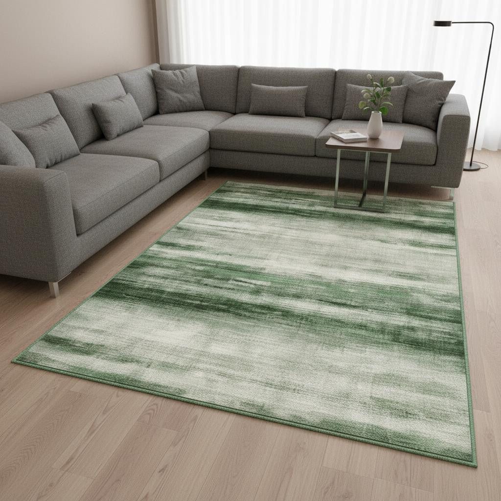 9 X 12 Green And Ivory Abstract Washable Area Rug