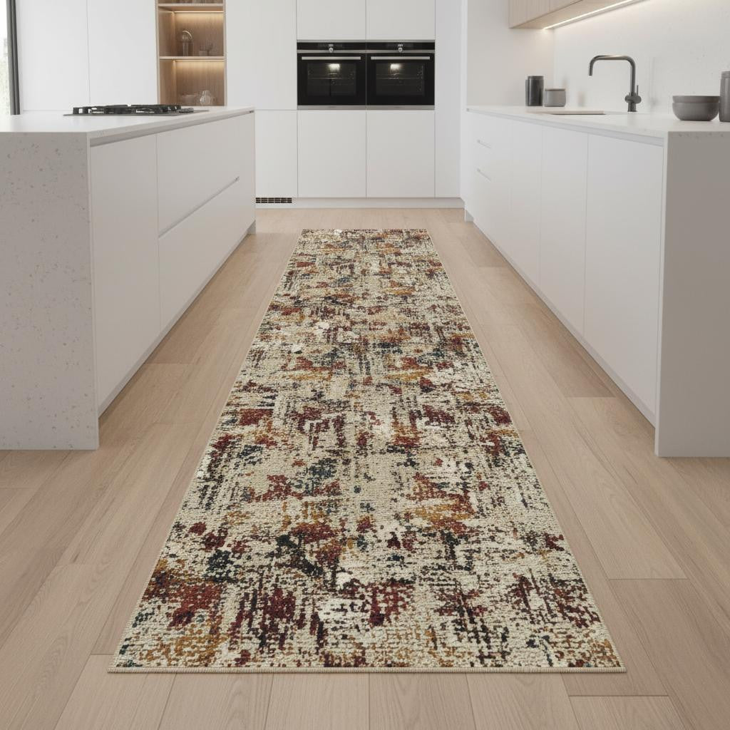 8 Beige Red And Ivory Abstract Washable Runner Rug