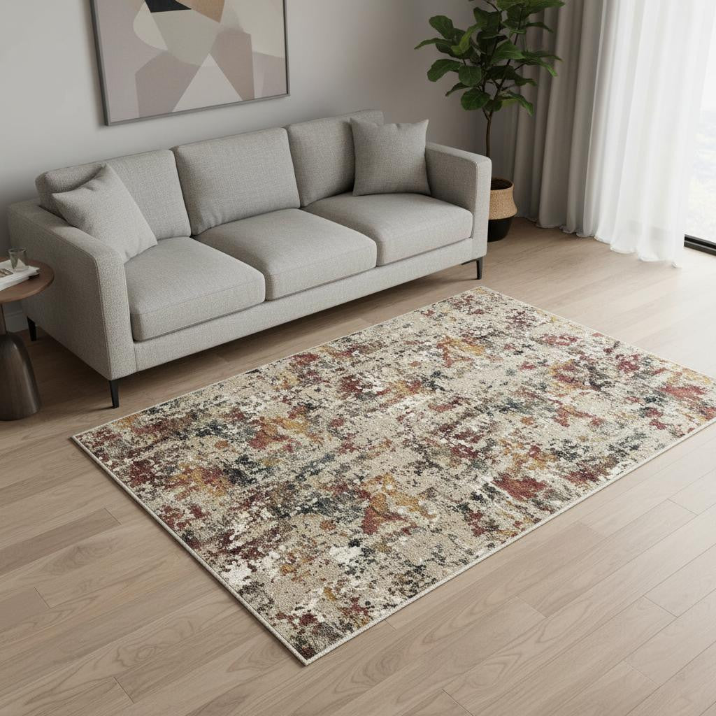 5 X 7 Beige Red And Ivory Abstract Washable Area Rug