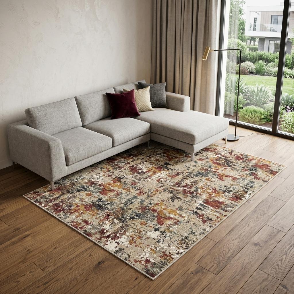 6 X 9 Beige Red And Ivory Abstract Washable Area Rug