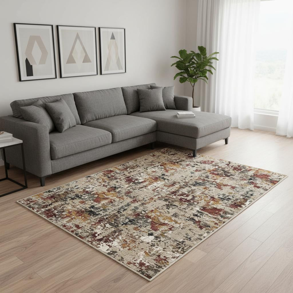 8 X 10 Beige Red And Ivory Abstract Washable Area Rug