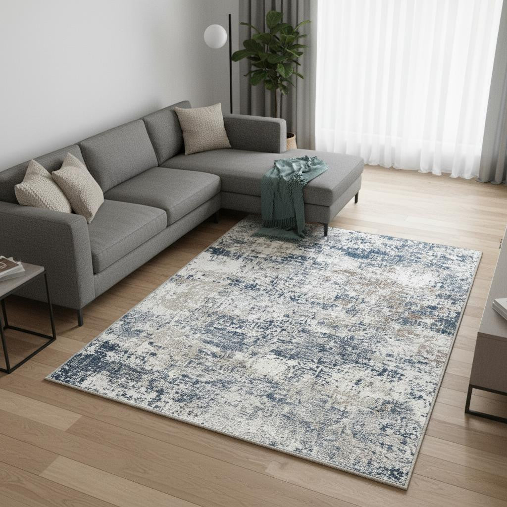 9 X 12 Blue And Ivory Abstract Washable Area Rug