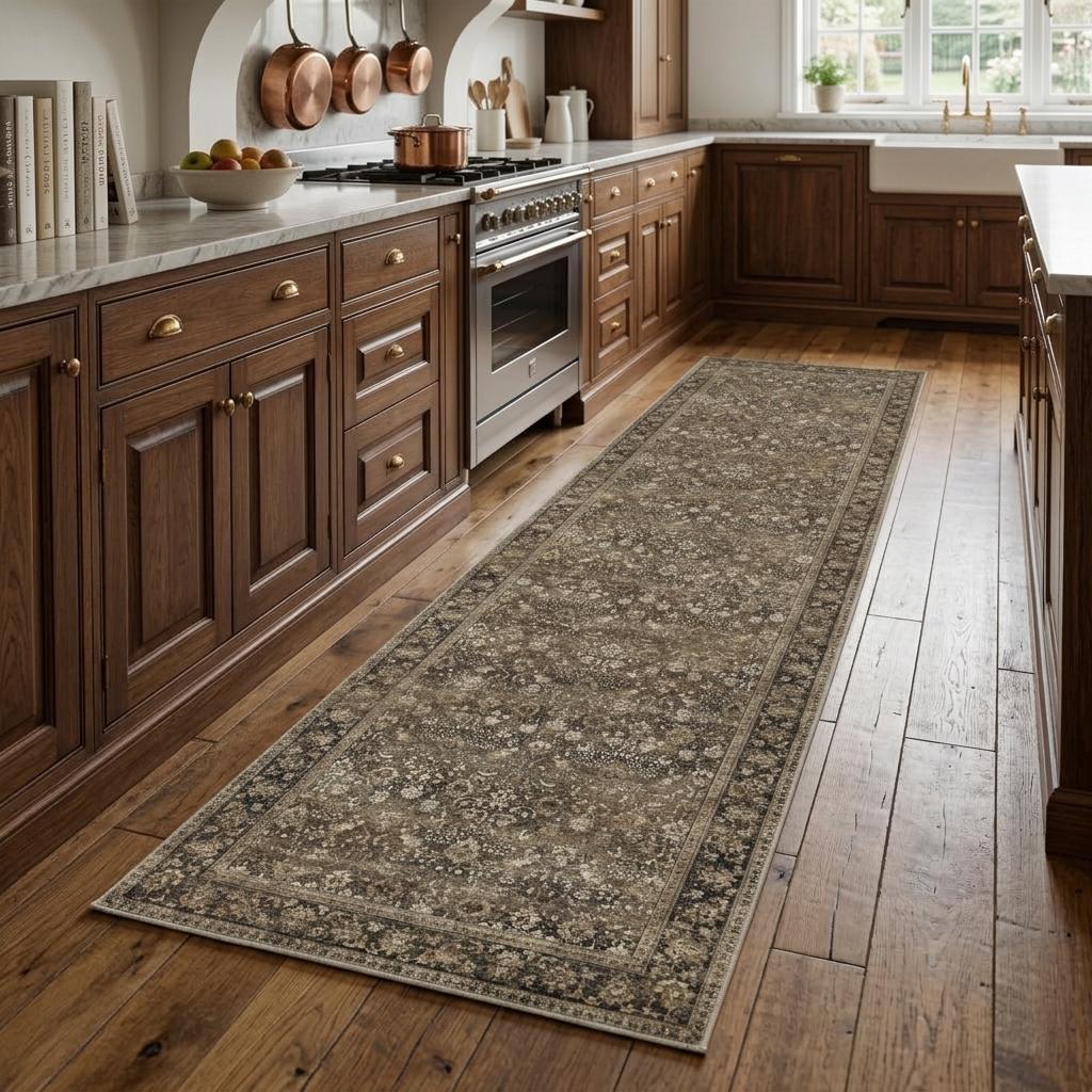 8 Brown Ivory And Tan Floral Medallion Washable Runner Rug