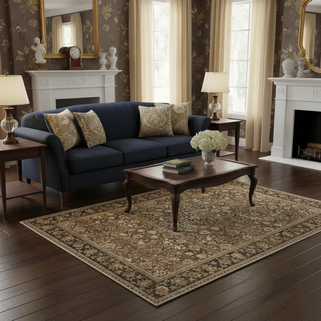 5 X 7 Brown Ivory And Tan Floral Medallion Washable Area Rug