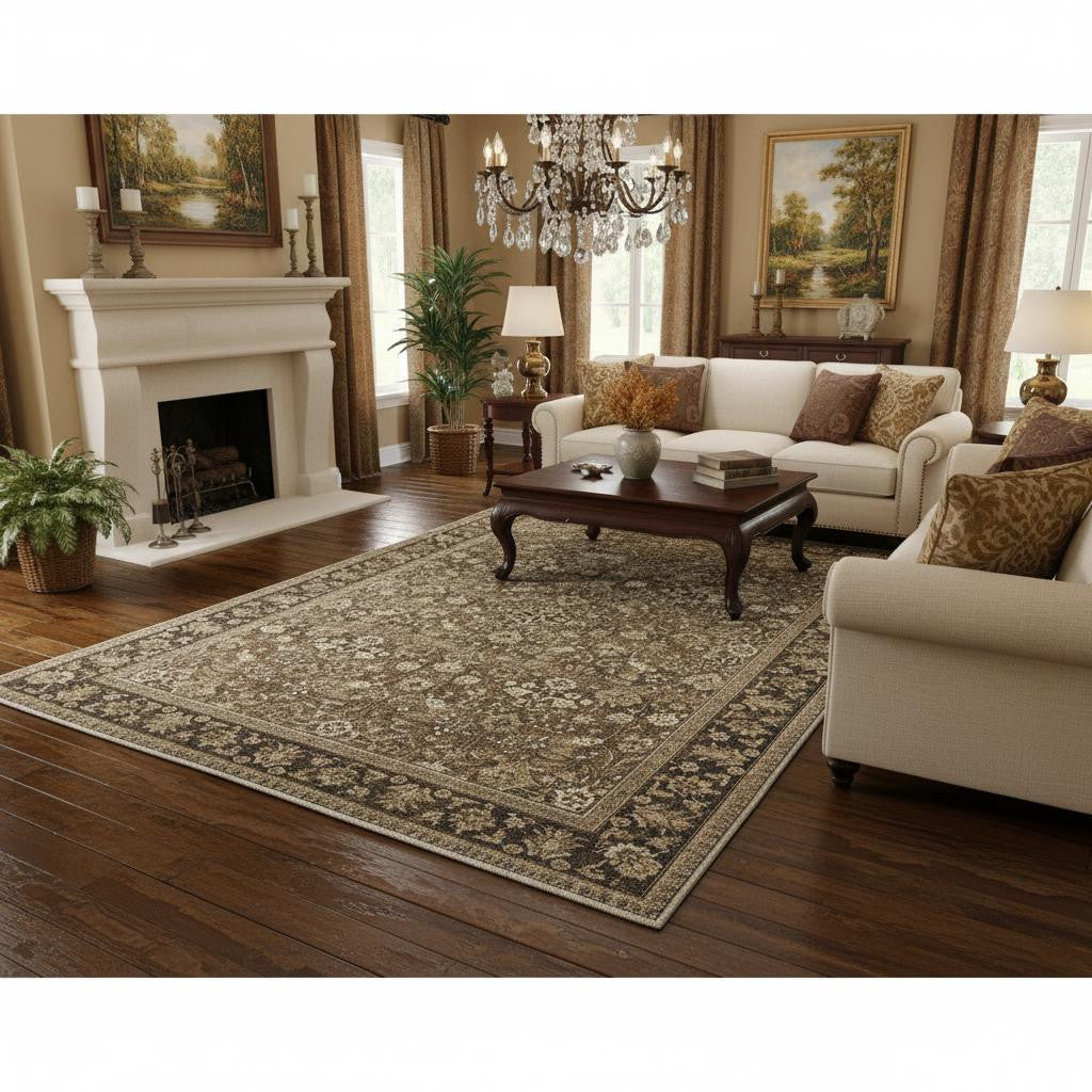 9 X 12 Brown Ivory And Tan Floral Medallion Washable Area Rug