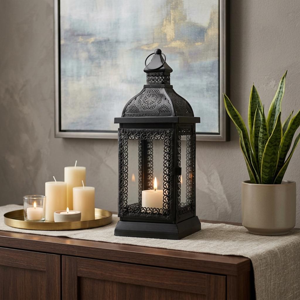 13 Clear And Black Glass And Metal Tabletop Lantern Candle Holder