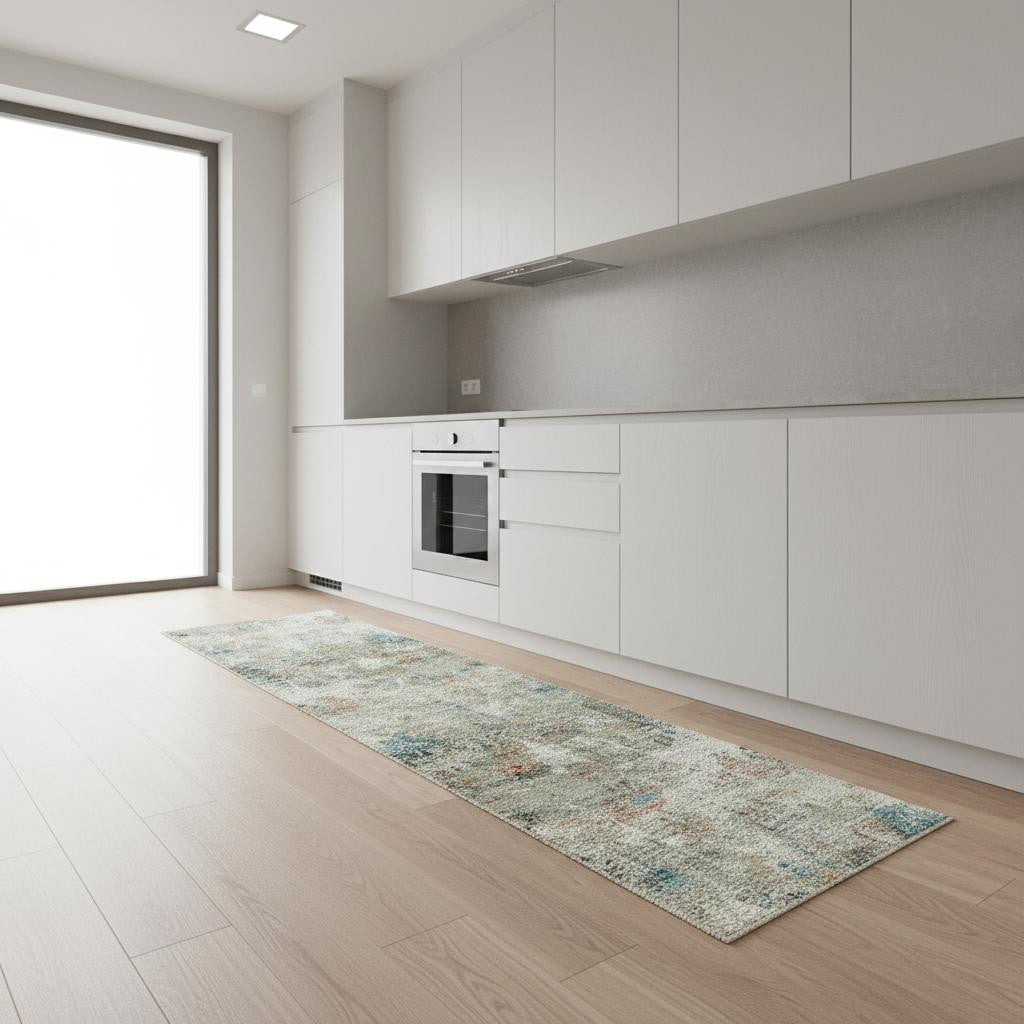 8 Ivory Light Green And Blue Abstract Washable Runner Rug