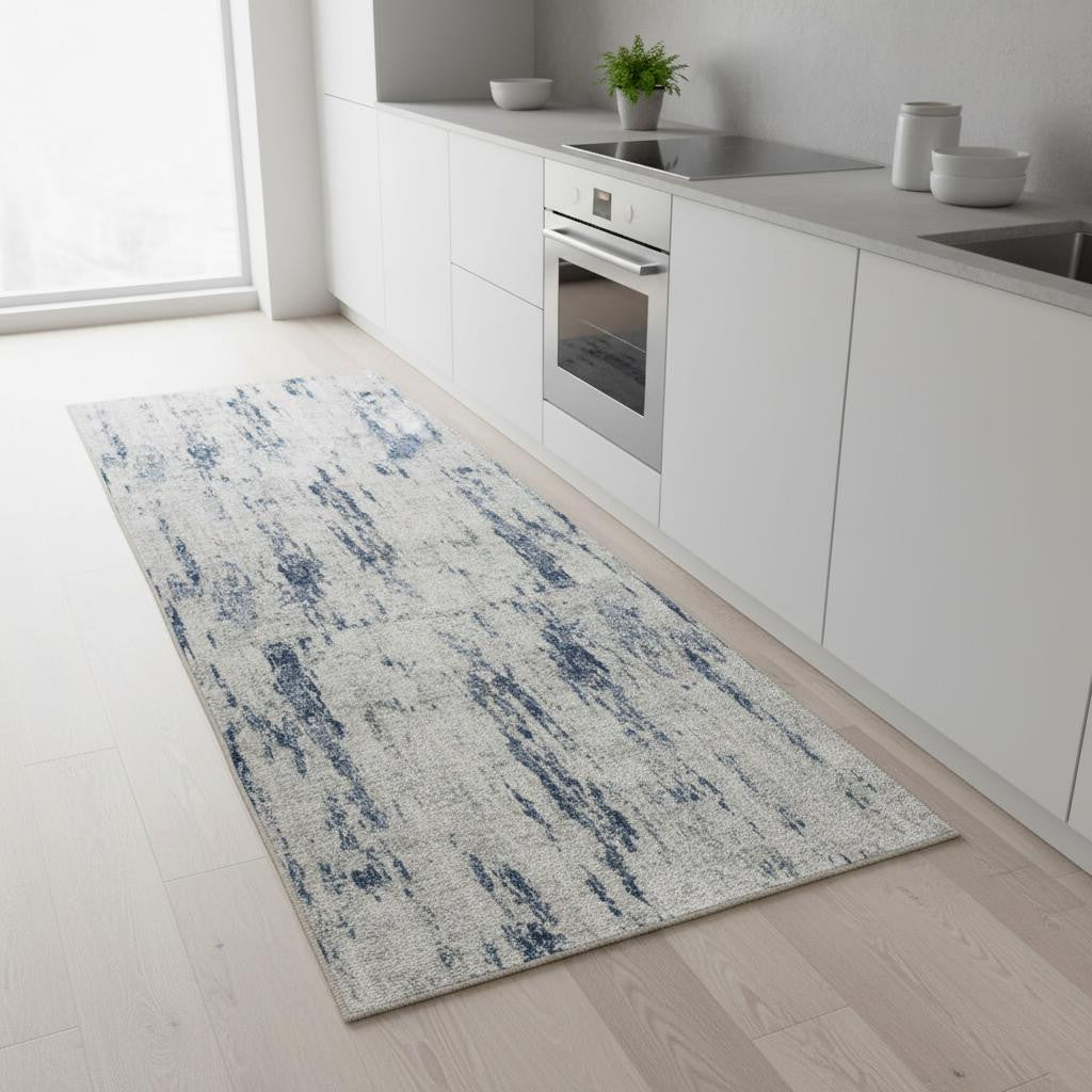 8 Ivory And Slate Blue Abstract Washable Runner Rug