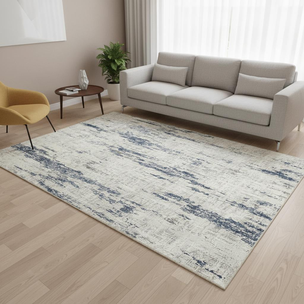 5 X 7 Ivory And Slate Blue Abstract Washable Area Rug
