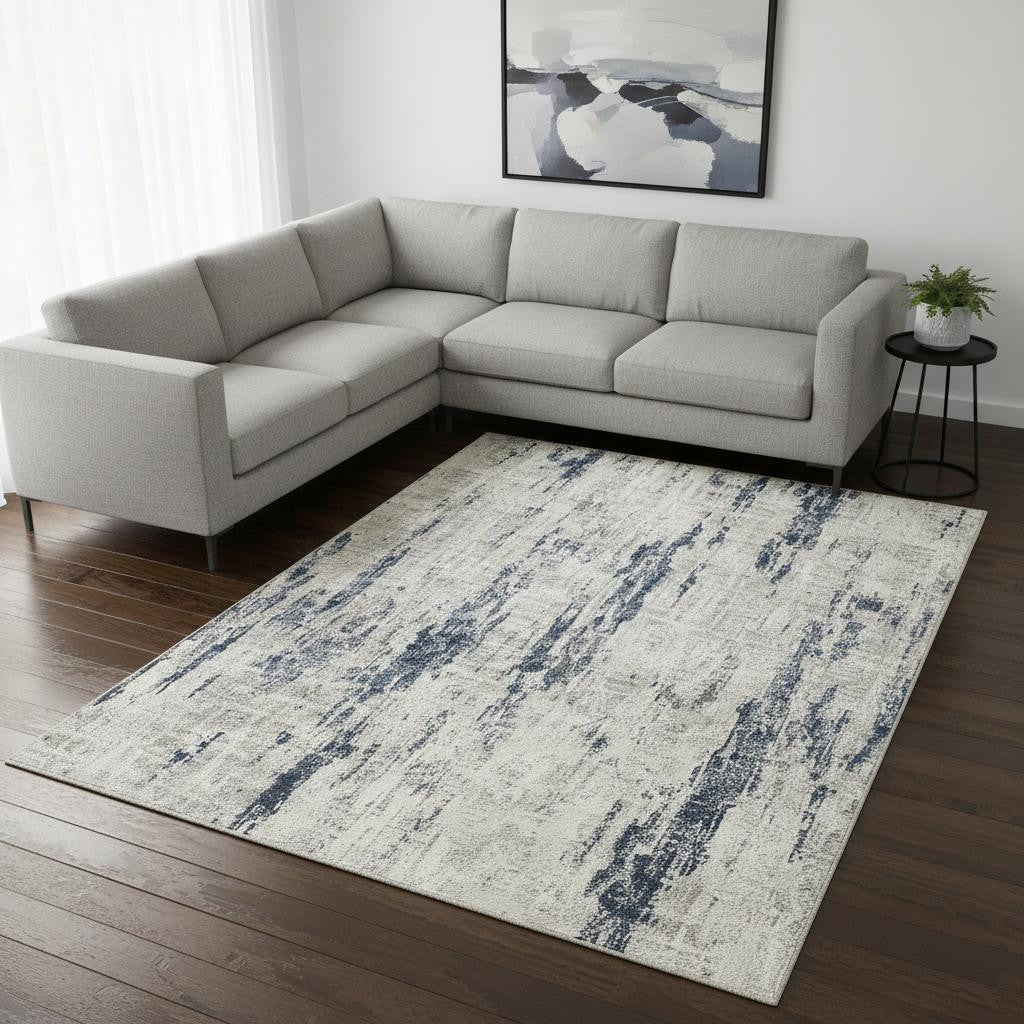 8 X 10 Ivory And Slate Blue Abstract Washable Area Rug