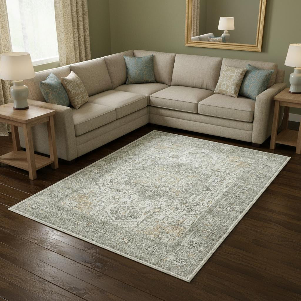 8 X 10 Brown Ivory And Light Green Floral Washable Area Rug