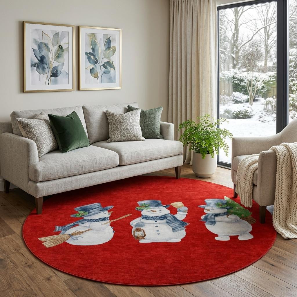 8 Red And White Christmas Snowmen Washable Round Rug With UV Protection