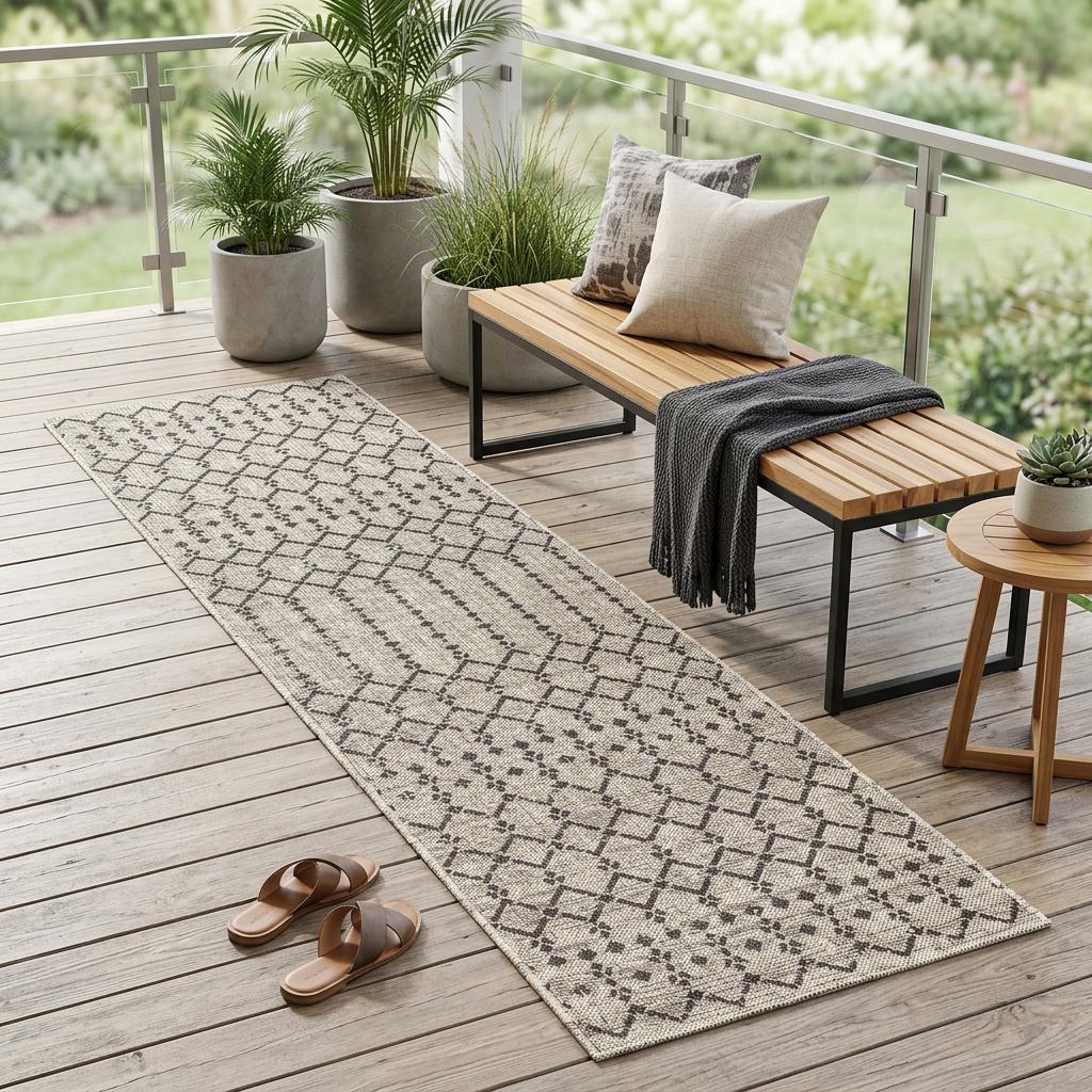 20 Light Gray And Black Trellis Indoor Outdoor Runner Rug