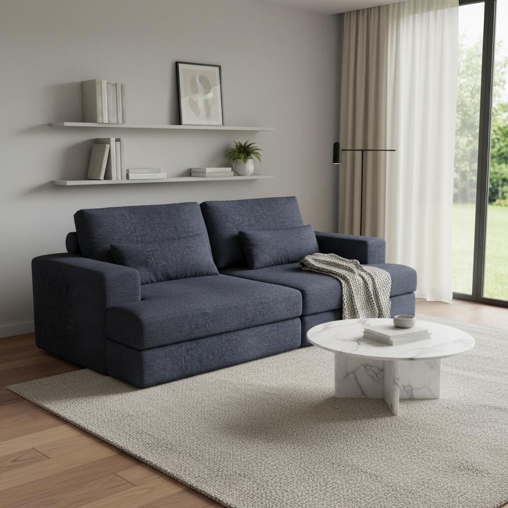 93 Blue Chenille Modular Stainless Steel Sleeper Sofa With Toss Pillows