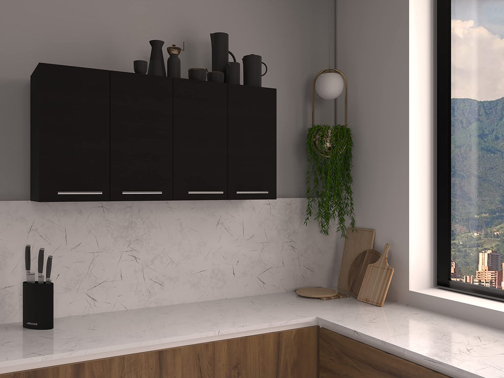 Oceana 120 Kitchen Wall Cabinet with 4 Doors, 2 Cabinets, and 2 Shelves, Black Wenge