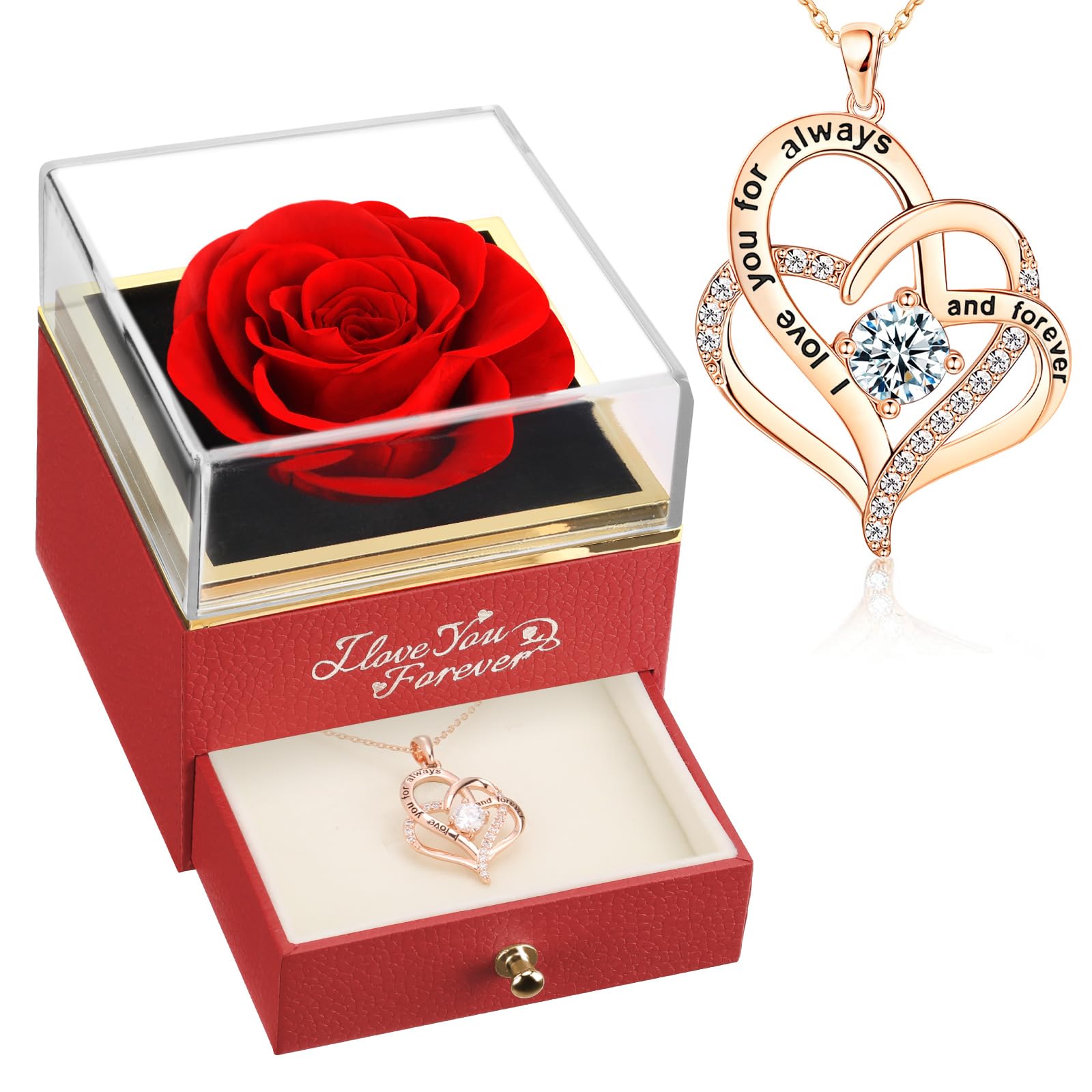 WILDLOVE Forever Real Rose with Heart Necklace, Preserved Flowers Gifts for Mom, Wife and Girlfriend on Christmas, Mothers Day,