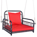 Tangkula Patio Wicker Porch Swing, Single Person Hanging Seat With Seat & Back Cushions, Reinforced Metal Frame & 2 Sturdy Hanging Ropes, Rattan Woven Swing Chair For Front Porch, Backyard (Red)