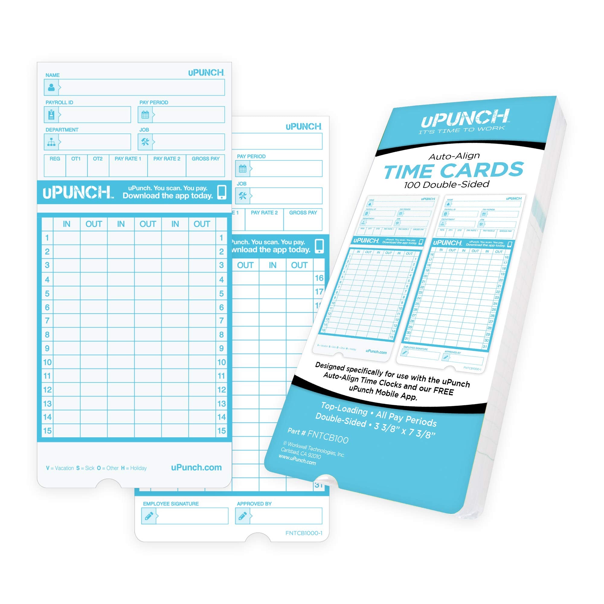 Upunch 100 Time Cards For Fn1000 Autoalign Time Clock