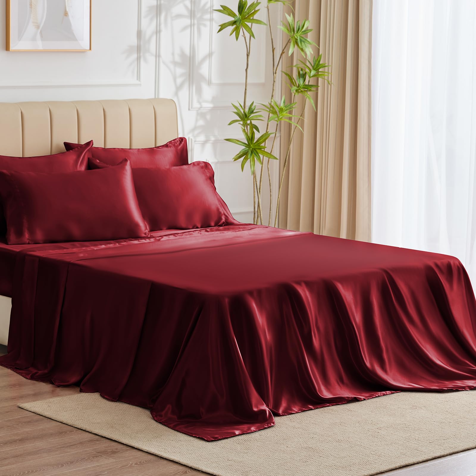 Cozylux Satin Sheets Full Size - 6 Piece Burgundy Bed Sheet Set With Silky Microfiber, 1 Deep Pocket Fitted Sheet, 1 Flat Sheet,