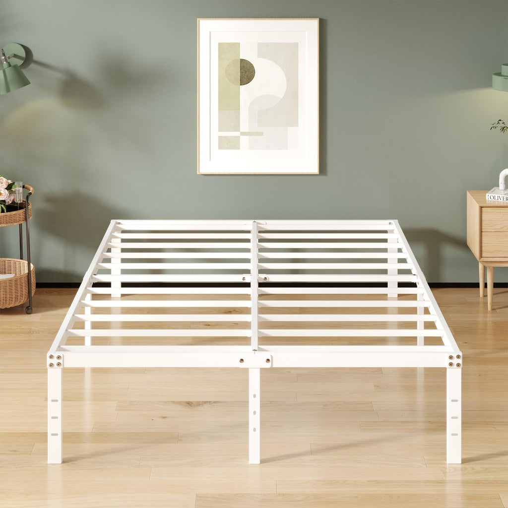 Upcanso 16 Inch White Queen Bed Frame No Box Spring Required, Metal Platform Queen Size Bed Frames With High Storage, Eassy Assembly 3,500 Lbs Heavy Duty Bedframes