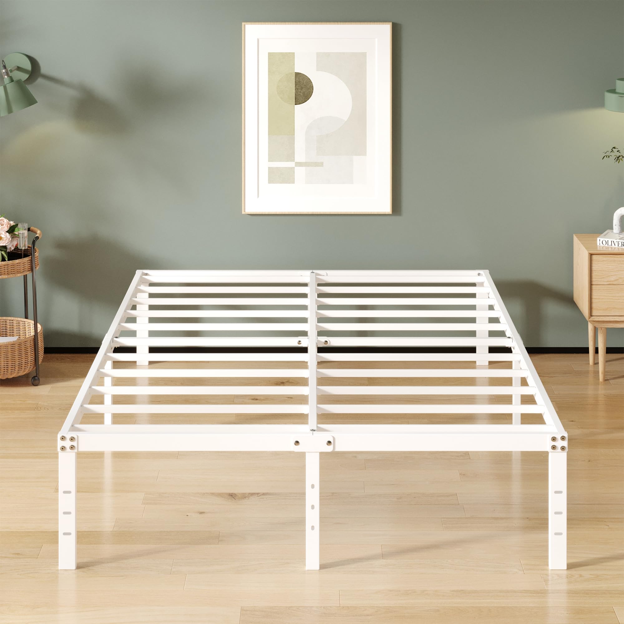 Upcanso 16 Inch White Queen Bed Frame No Box Spring Required, Metal Platform Queen Size Bed Frames With High Storage, Eassy Assembly 3,500 Lbs Heavy Duty Bedframes