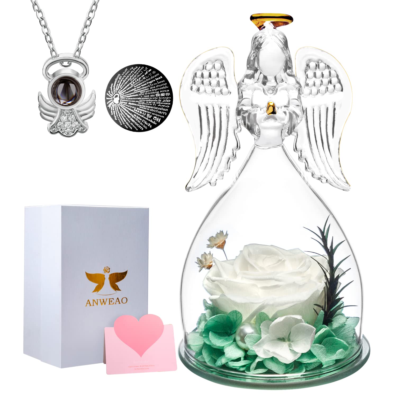 Anweao Mothers Day Flowers Gift For Mom,Glass Angel Figurines Preserved Real Rose With I Love You Necklace In 100 Languages, Ros