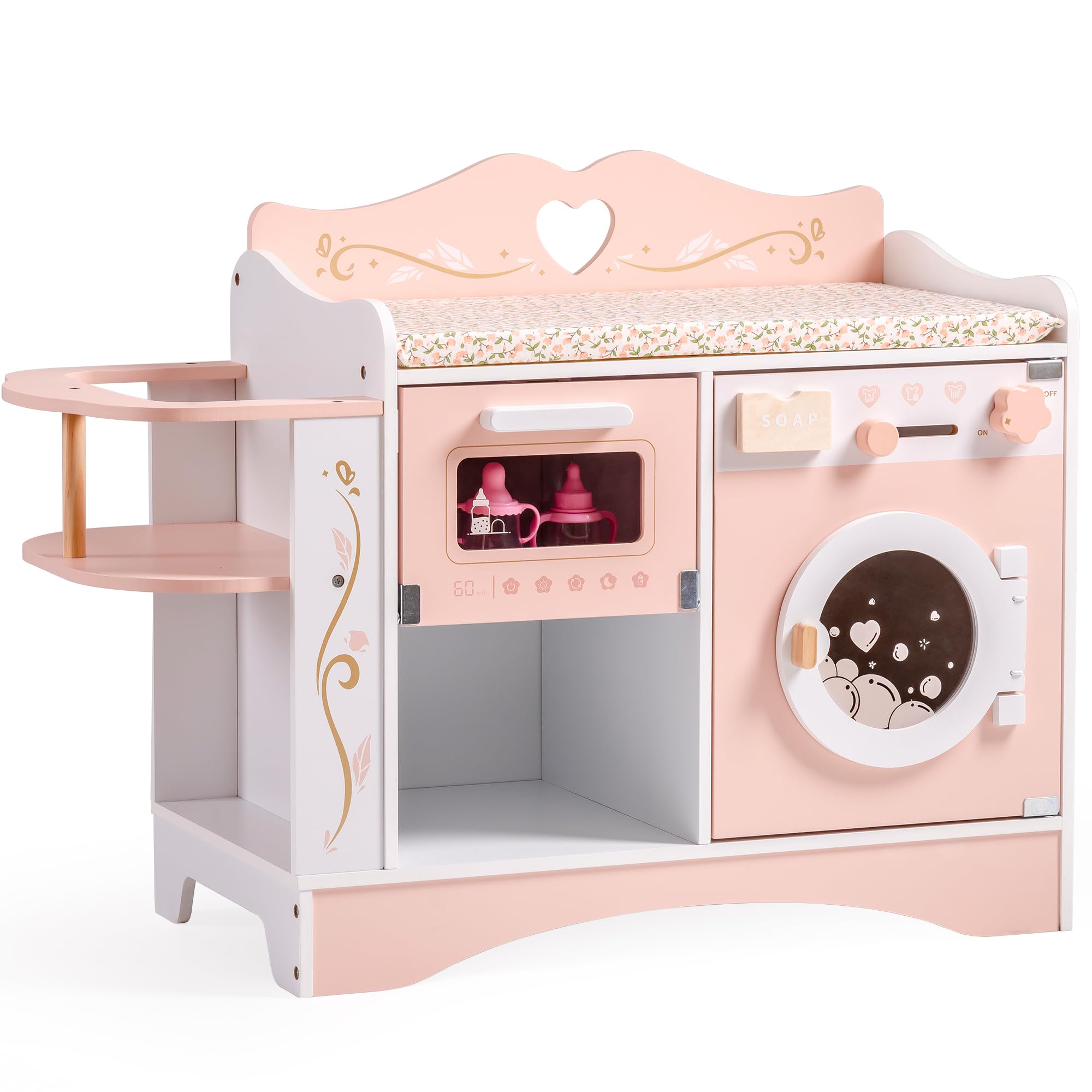 ROBOTIME Wooden 6-in-1 Baby Doll Changing Table with Baby Doll Crib, Washing Machine, Bottle Sterilizer, Storage Area, and Doll 