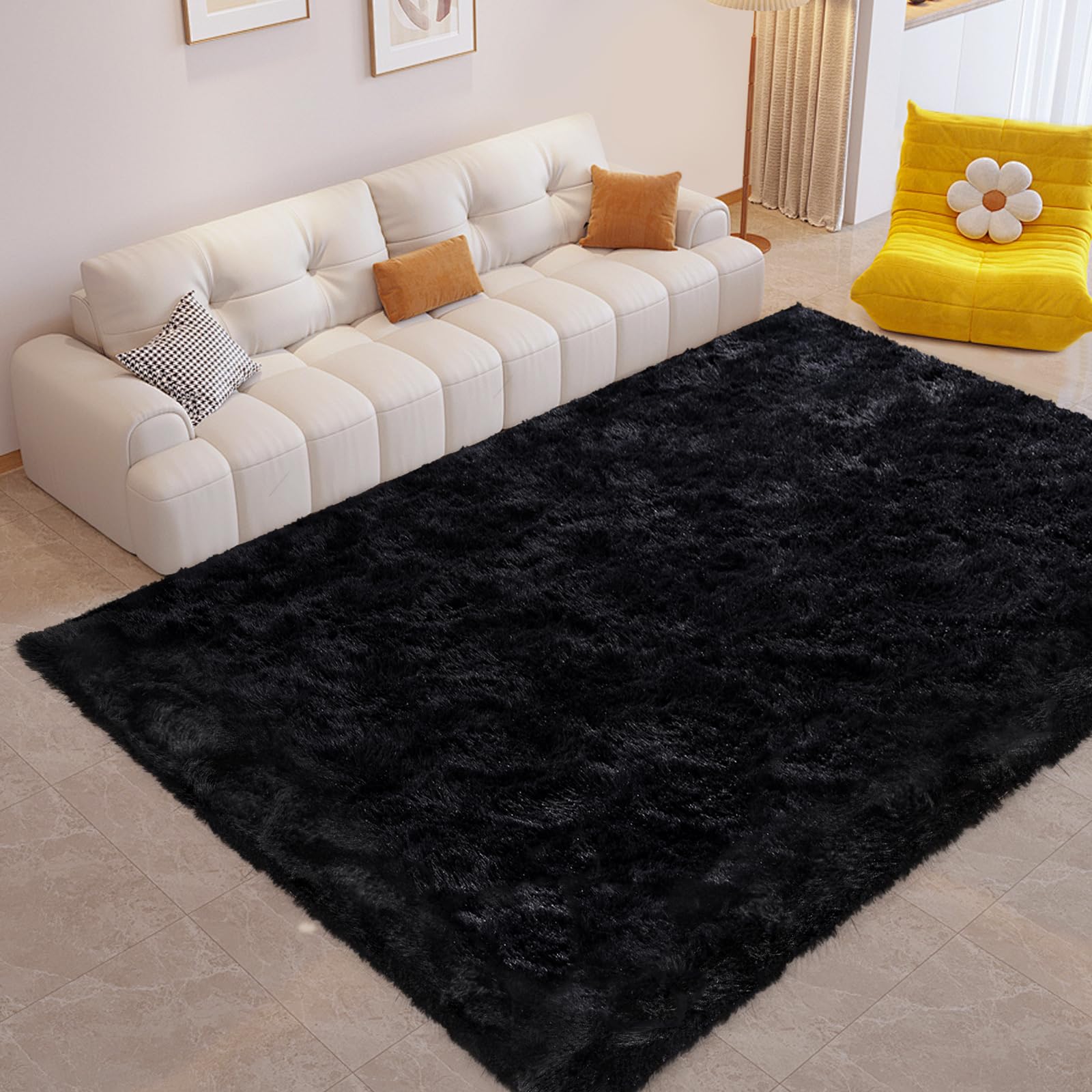 FinRec Soft Black Rugs for Bedroom Living Room, 4x6 Feet Modern Indoor Fuzzy Shaggy Area Rug, Non-Slip Fluffy Furry Rug for Nur