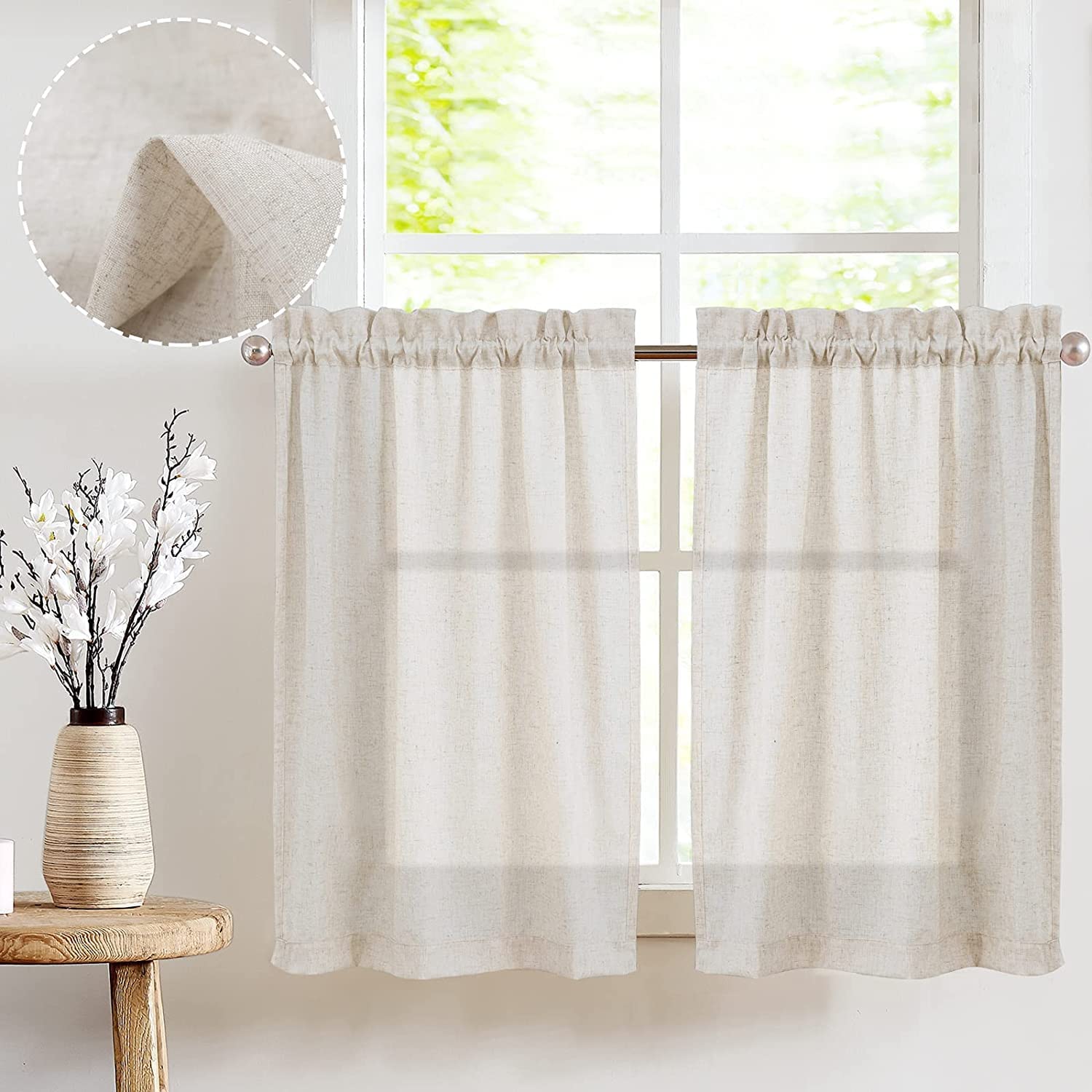 jinchan Beige Kitchen Curtains Linen Tier Curtains 24 Inch Farmhouse Cafe Curtains Light Filtering Small Window Curtains Flax Co