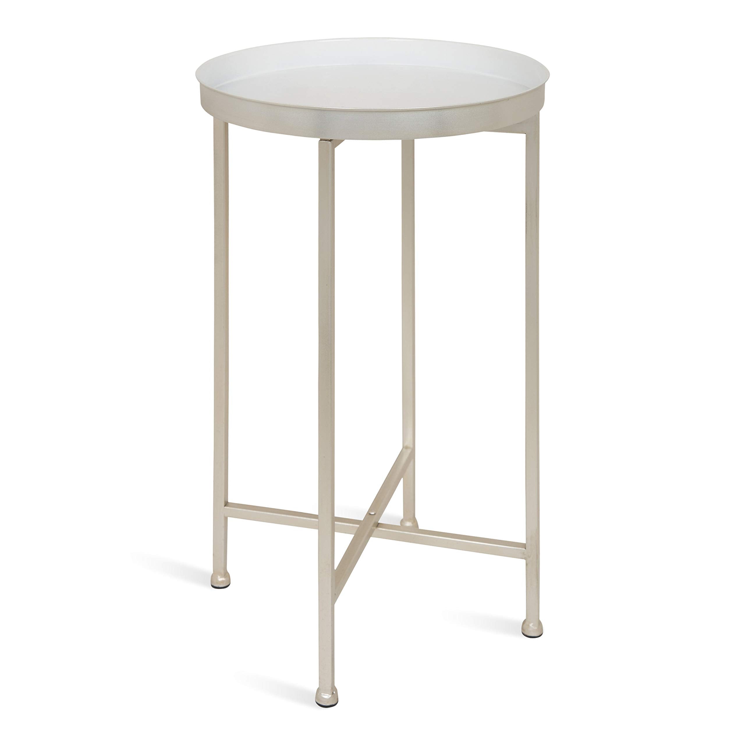 Kate and Laurel Celia Round Metal Foldable Tray Accent Table, White with Silver Base
