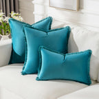 FUTEI Teal Velvet Throw Pillow Covers Set of 2, 18x18" with Tassels, Soft Cozy Cushion Case for Boho Modern Home Decor