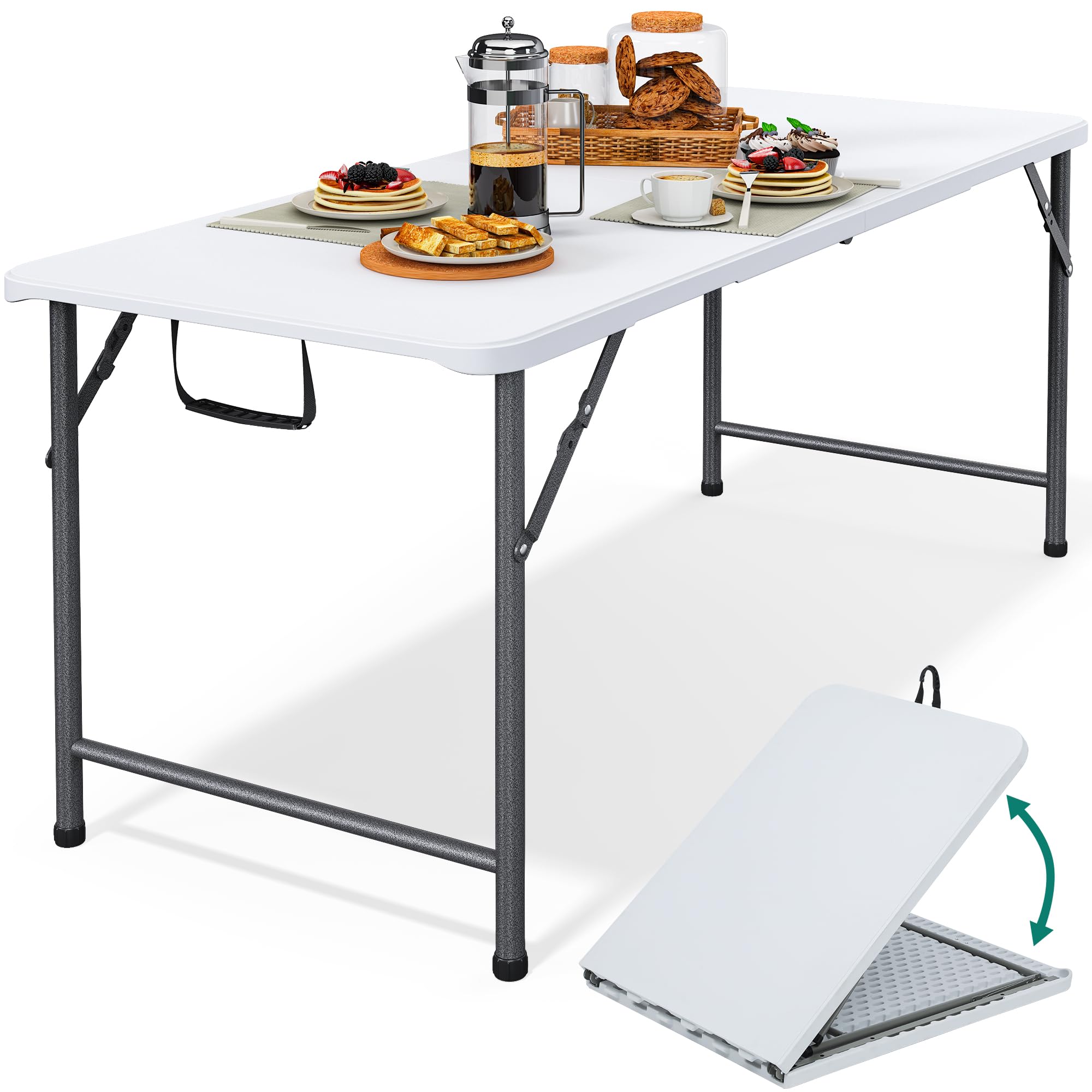 YITAHOME 6FT Folding Table, Outdoor Folding Table w/Heavy Duty HDPE Tabletop, Rectangle Folding Table w/Portable Carrying Handle