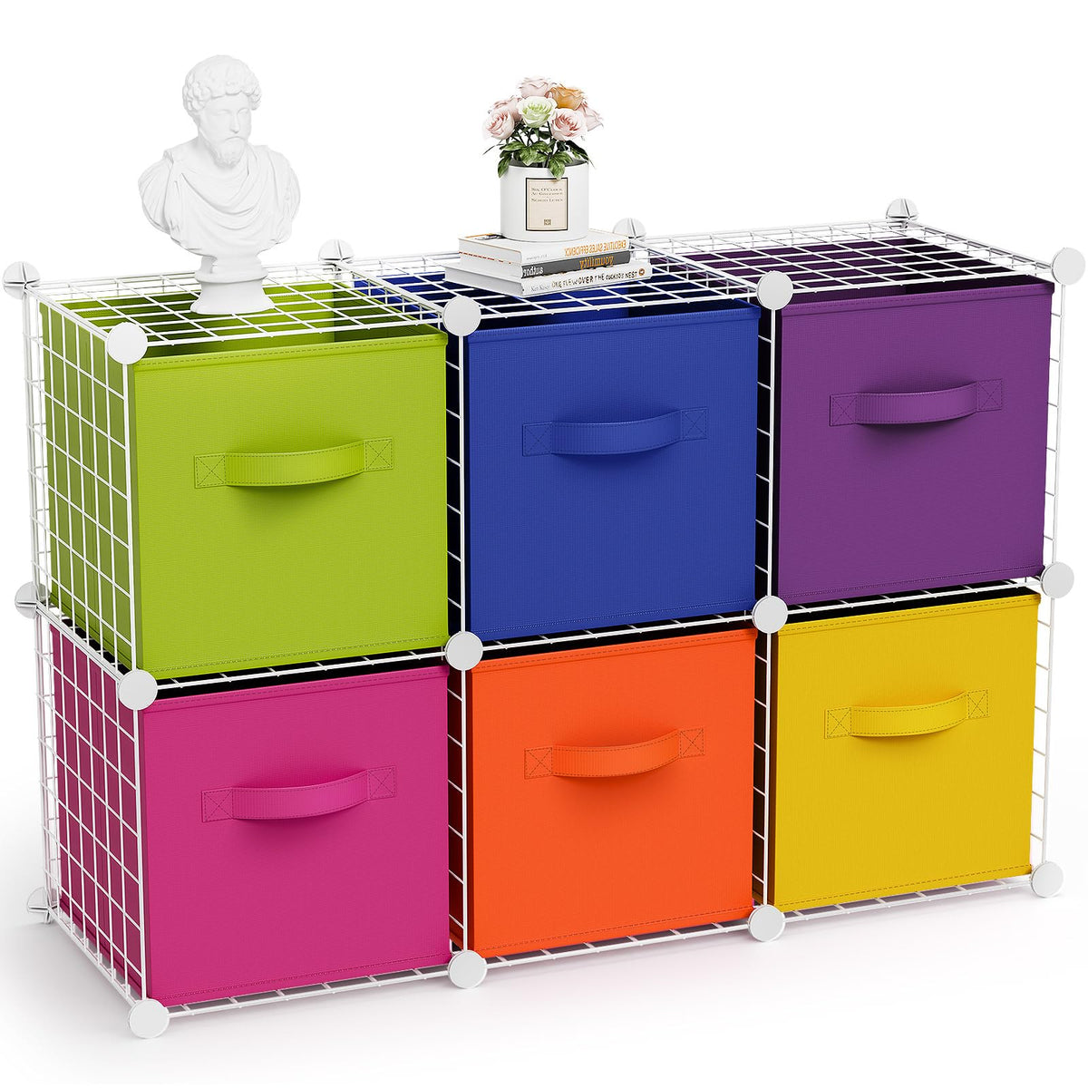 Leinuosen 6 Cube Storage Organizer with 6 Foldable Fabric Storage Bins, Metal Wire Grid Shelves, Stackable Modular Closet Organi