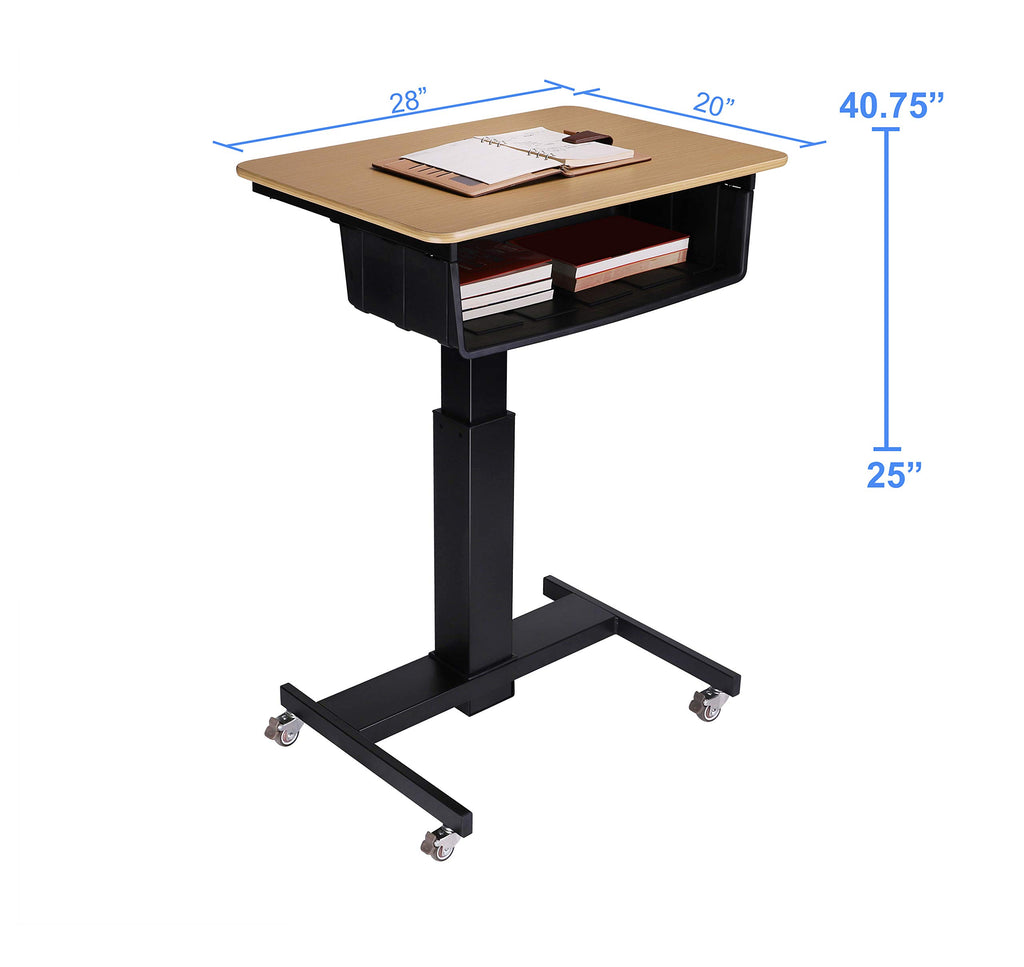 Rocelco 28" Height Adjustable Mobile School Standing Desk with Book Box Bundle- Quick Sit Stand Up Home Computer Workstation - Gas Spring Assist Office Laptop Riser Cart - Wood Grain (R MSD-28-BB)