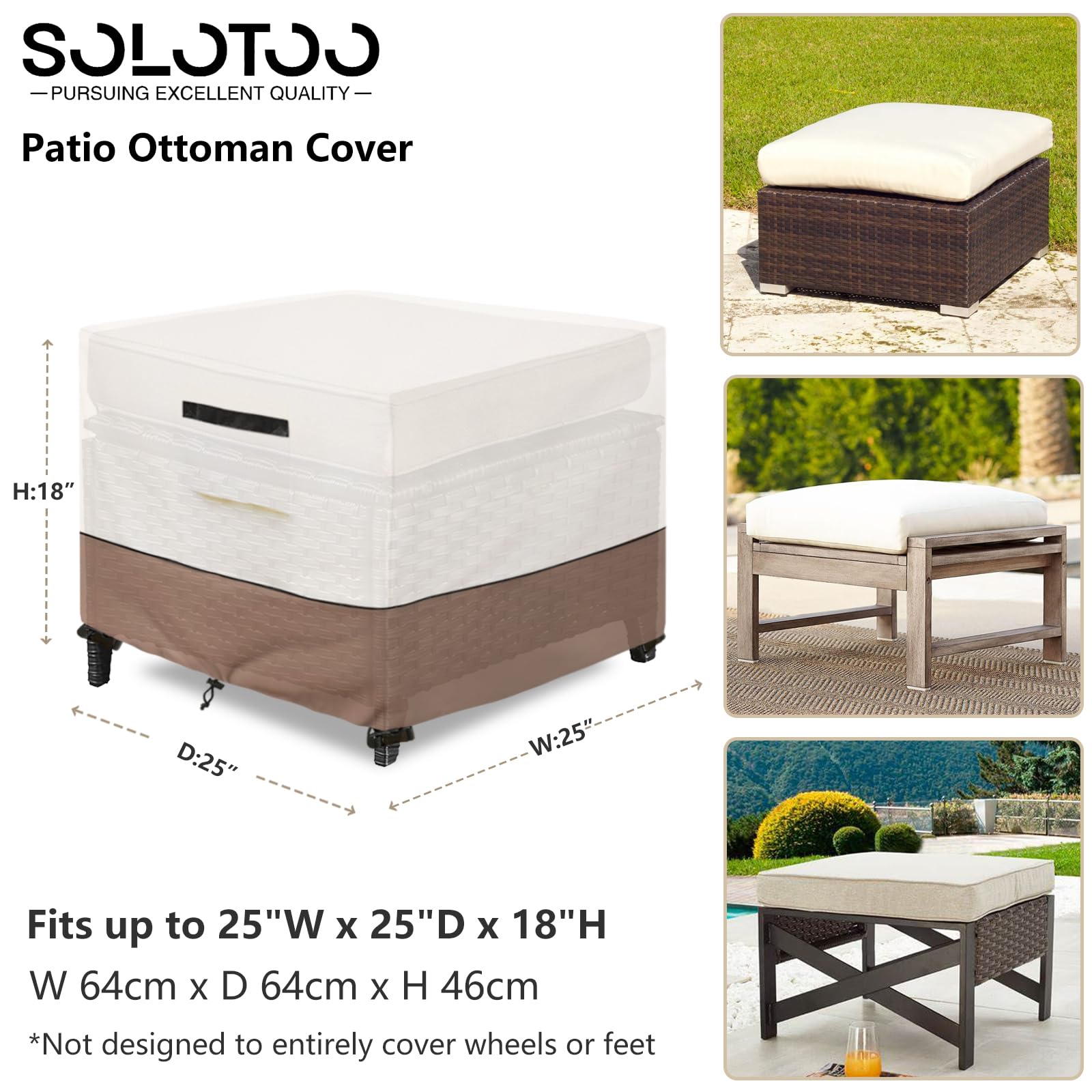 Solotoo Patio Ottoman Cover Waterproof Square Outdoor Ottoman Cover,25W X 25D X 18H Inches Patio Furniture Covering Protector Ou