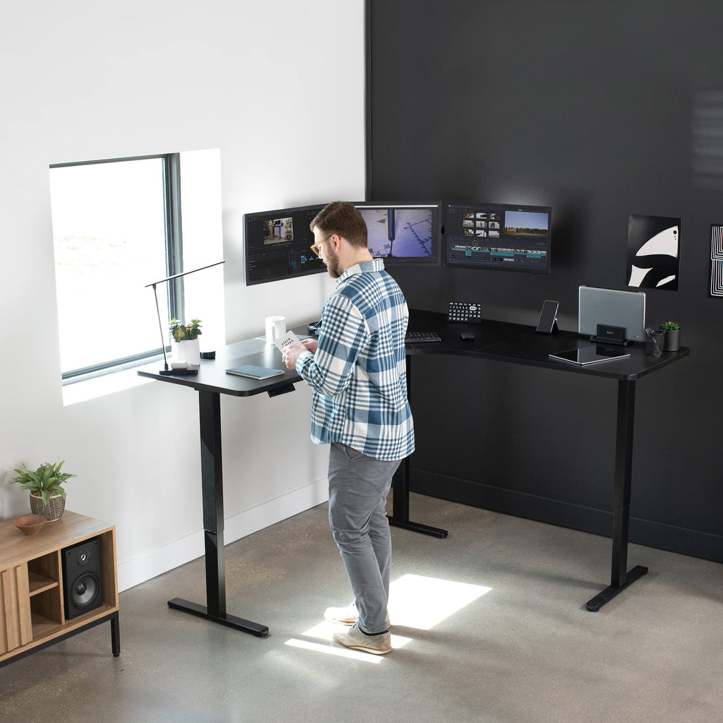 Vivo Electric Height Adjustable 71 X 71 Inch Curved Corner Stand Up Desk, Black Table Top, Black Frame, Memory Controller, L-Shaped Workstation, E3C Series, Desk-Kit-E3Cb2