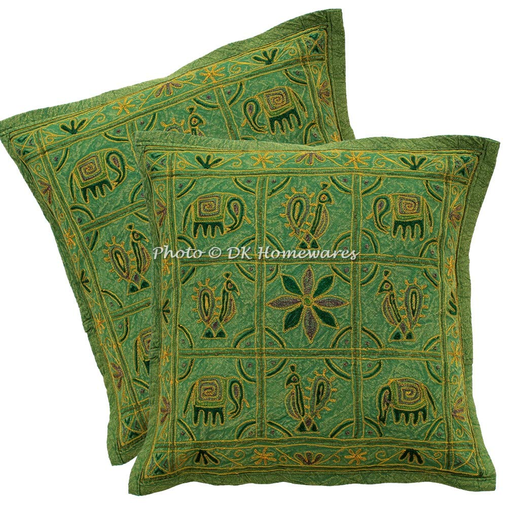 Dk Homewares Gold Thread Ari Embroidered Cotton Sofa Diwan Cushion Covers 16 Inch X 16 Inch Living Room Decor Sequins Elephant E