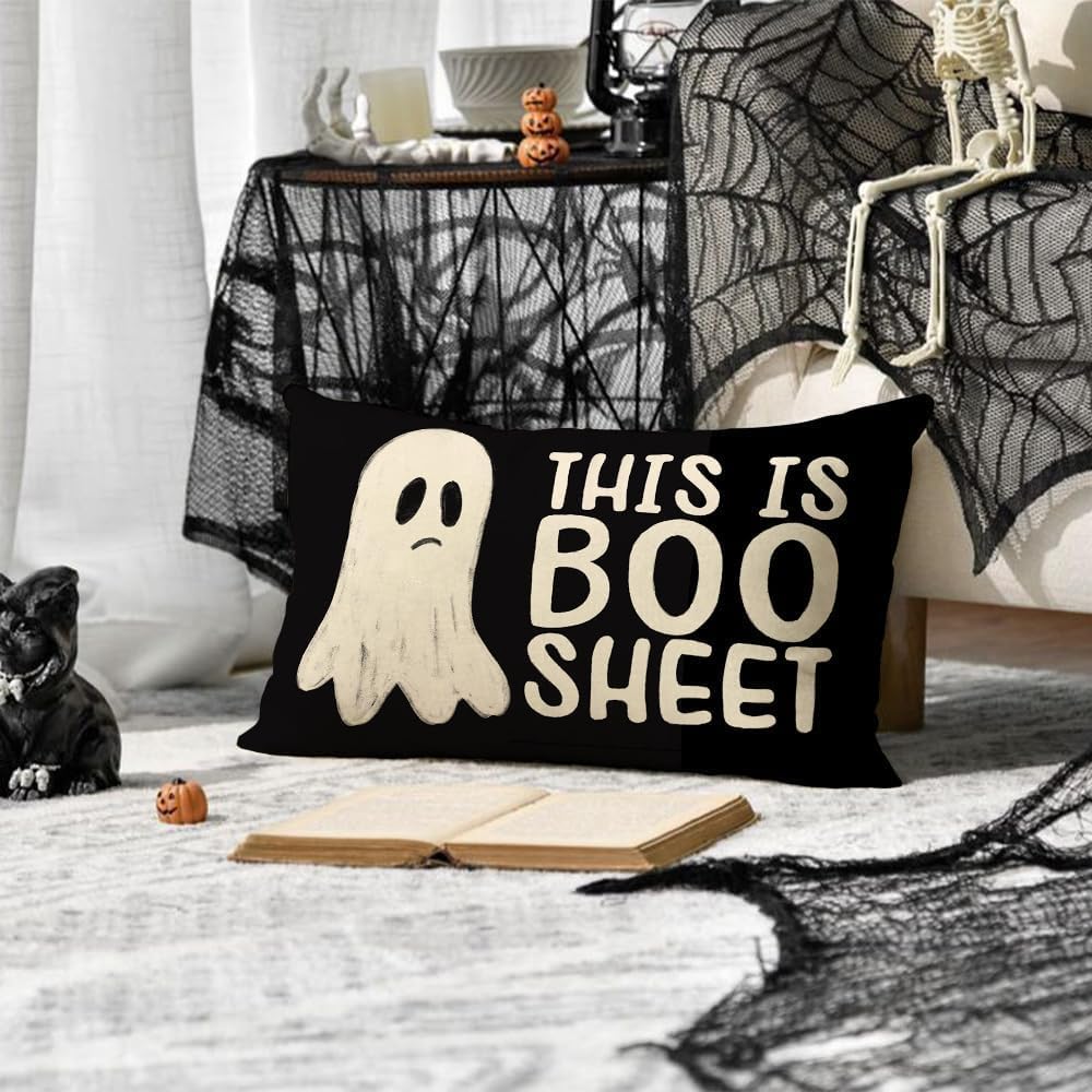 Aacors Halloween Pillow Cover 12X20 Inch Ghost Funny Halloween Saying Decoration Holiday Farmhouse Pillow Case Decor For Home So