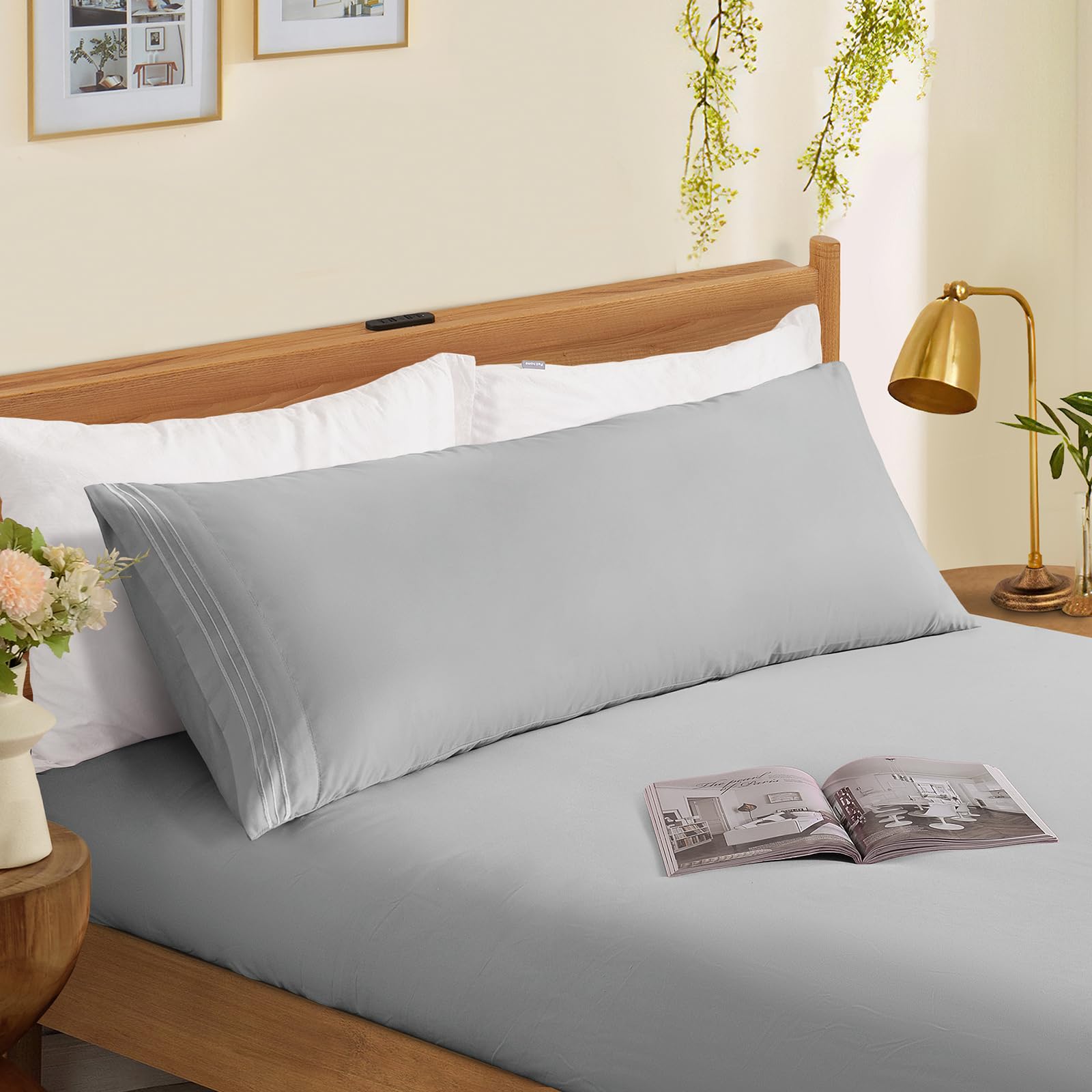 Horbaunal 2 Pack Microfiber Body Pillow Covers Light Grey Body Pillow Cases With Envelope Closure, 1800 Thread Count Soft & Shri