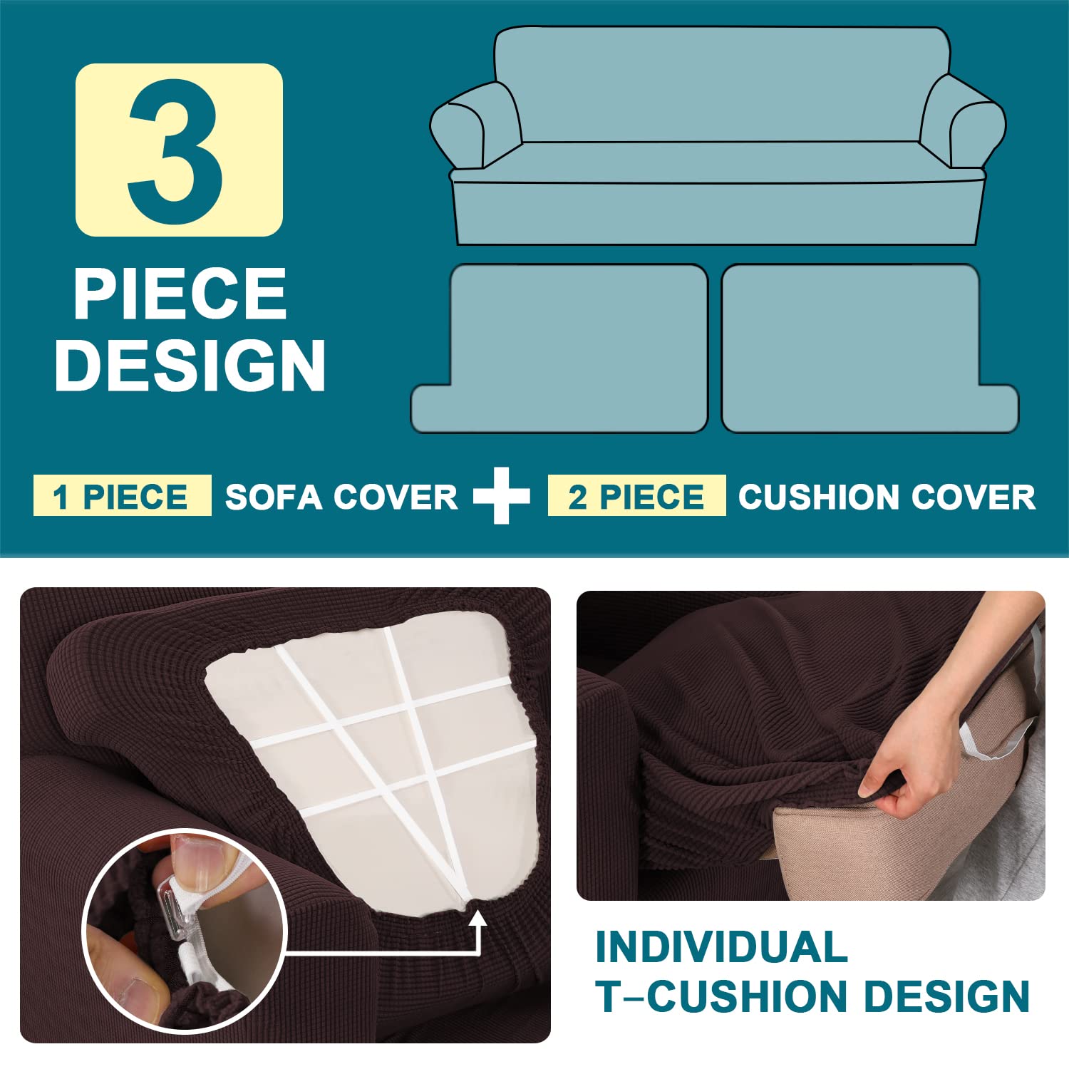 Turquoize 3 Piece T Cushion Sofa Slipcovers Sofa Cover For T Cushion Sofa Couches Stretch Couch Cover Furniture Covers With 2 Individual T Cushion Covers, Machine Washable (2 Cushion Sofa, Brown)