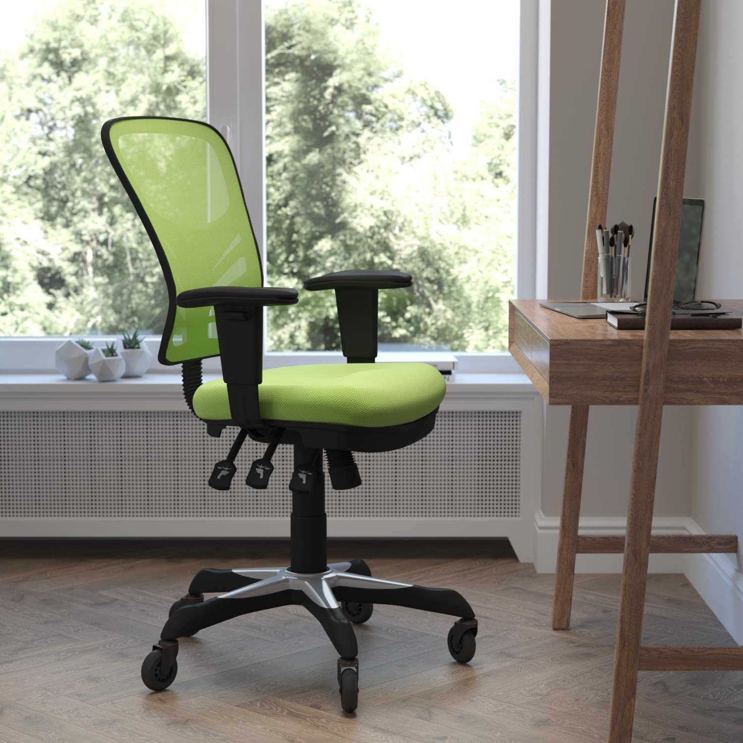 Flash Furniture Nicholas Mid-Back Multifunction Executive Swivel Ergonomic Office Chair With Adjustable Arms, Transparent Roller Wheels, 27&Quot;, Green Mesh