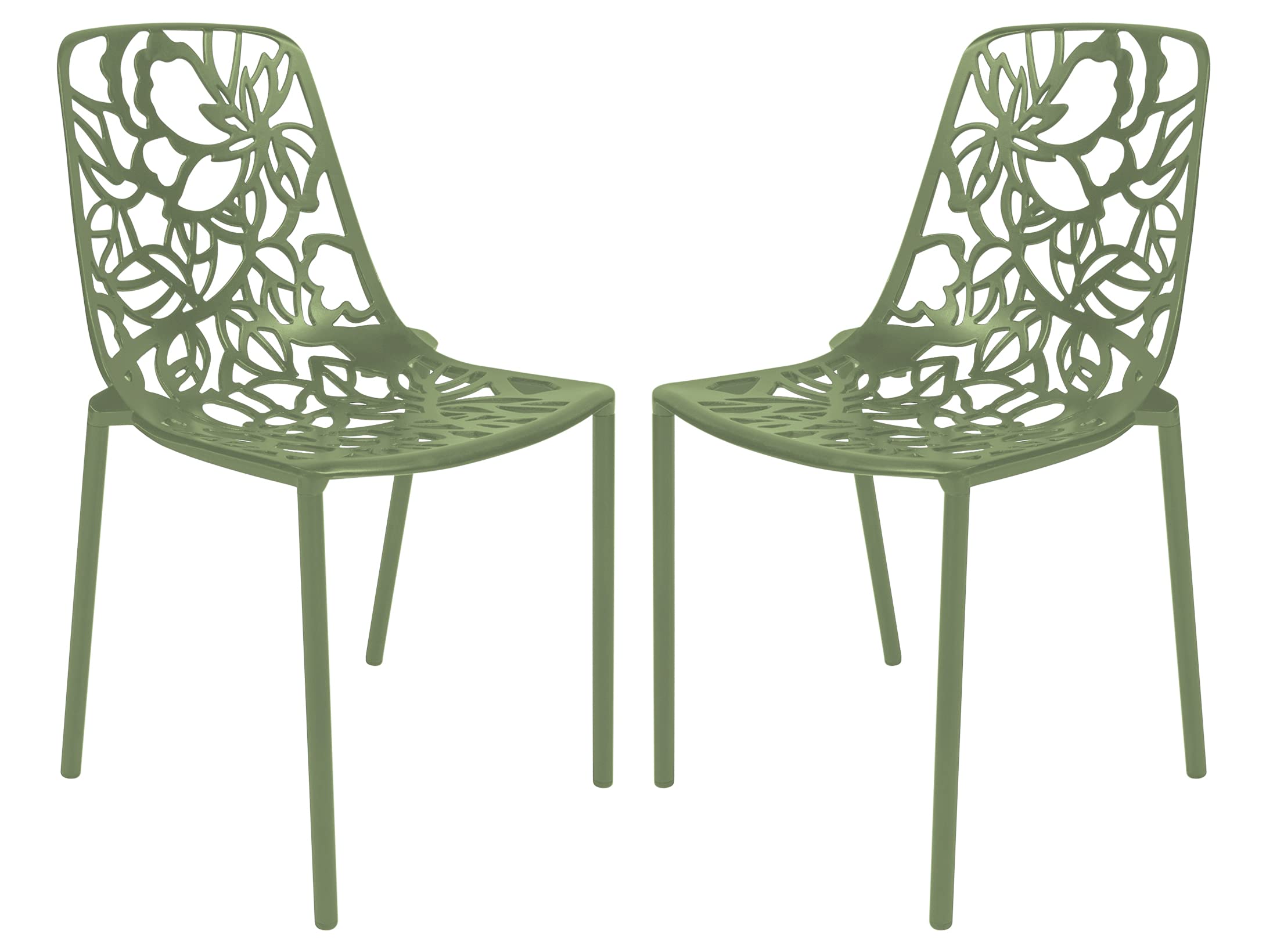 LeisureMod Aluminum Stackable Dining Chair Set of 2 with Floral Cutout Design, Khaki Green Patio Side Chair for Indoor and Outdo